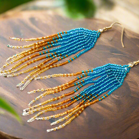 Blue Gold Beaded Tassel Earrings