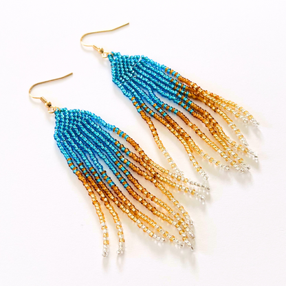 Blue Gold Beaded Tassel Earrings