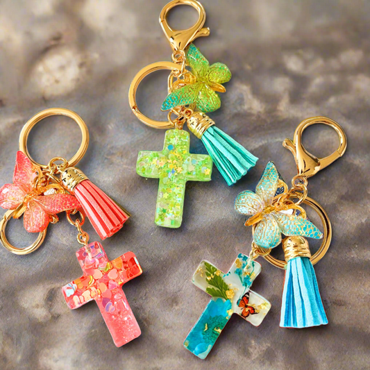 Acrylic Cross Butterfly Tassel Keychains