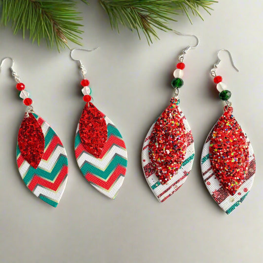 Holiday Sparkly Red and Green PU Leather Earrings